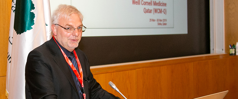 Professor Martin Steinhoff, professor of dermatology at WCM-Q and Weill Cornell Medicine in New York, speaking at the conference.