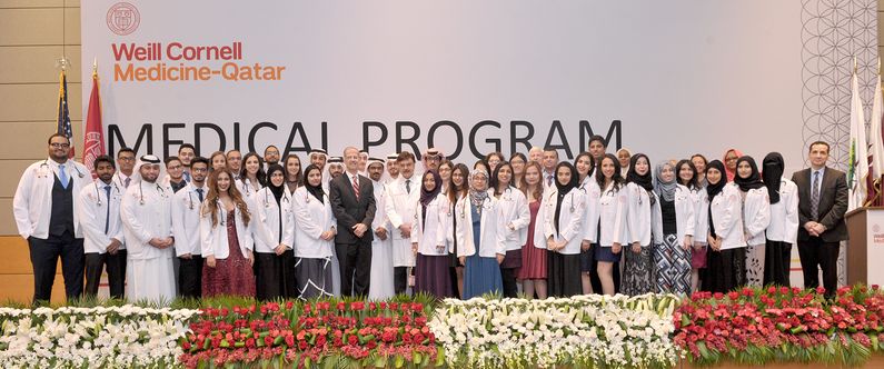 Students of WCM-Q’s Class of 2020 receiving their white coats at the beginning of the medical program they are soon to complete. Students matched at elite medical institutions in Qatar and the US.