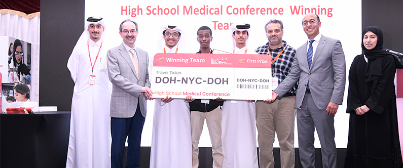 The winning team from Ali Bin Jassim Bin Mohamed Al Thani School receive their prize.