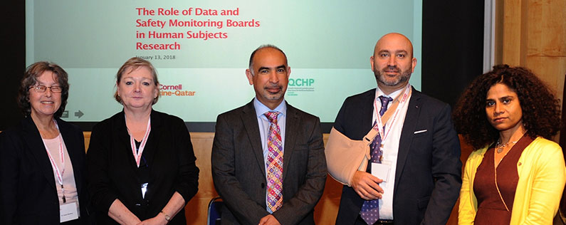 Appearing at the Law and Medicine conference on safeguarding human research subjects were (from left) Dr. Susan Ellenberg, Zoe Doran, Dr. Shahrad Taheri, Dr. Ziyad Mahfoud and Dr. Sunanda Holmes.