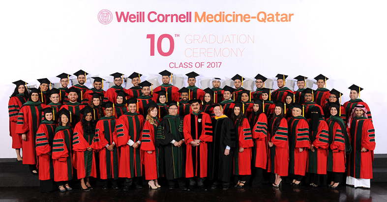Dr. Augustine Choi, dean of WCM in New York; Dr. Javaid Sheikh, dean of WCM-Q, and Dr. Antonio Gotto, dean emeritus, with the Class of 2017.
