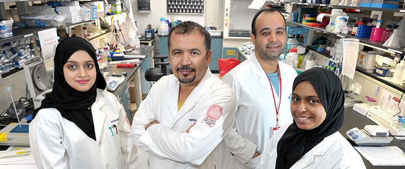 From left to right: Aisha Madani, Dr. Nayef Mazloum, Dr. Houari Abdesselem and the volunteer in Dr. Mazloum’s lab Muneera Vakayil