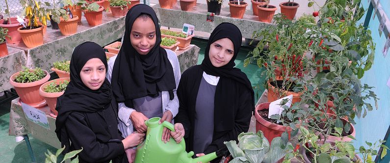 Grade 5 students Amina Ayman, Shaheeda Muhammad and Aisha Khalid of Audio Education Complex for Girls, which won first prize in the Your Health First – Sahtak Awalan Project: Greenhouse contest.