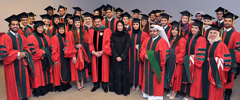 Her Excellency Dr. Hanan Al Kuwari, minister for public health, with Dr. Javaid Sheikh, dean of WCM-Q, and the 33 graduate doctors.