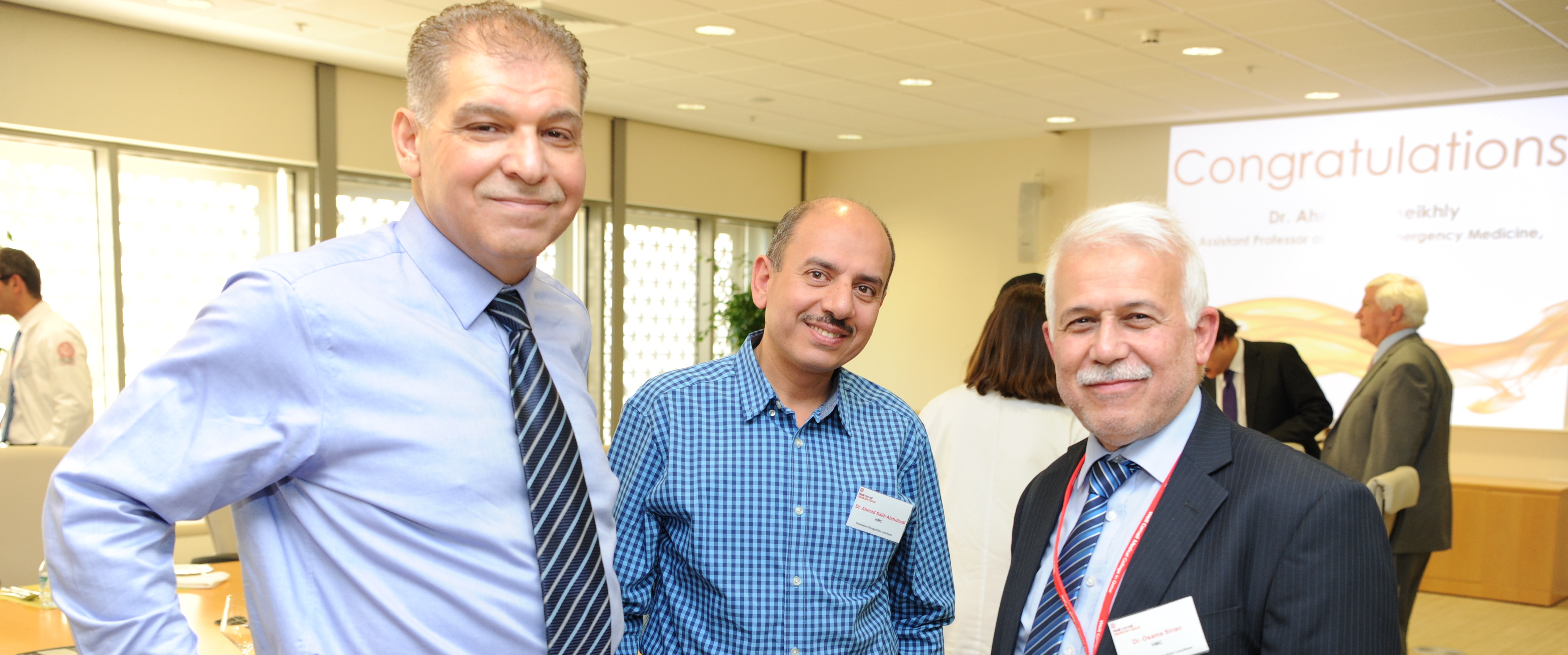 WCM-Q affiliate faculty members Dr. Ahmad Sami Al-Obaidi of Al Wakrah Hospital, Dr. Ahmad Salih Abdulhadi of HMC Heart Hospital, and Dr. Osama Sinan of Al Khor Hospital at the Promotion Recognition Luncheon.