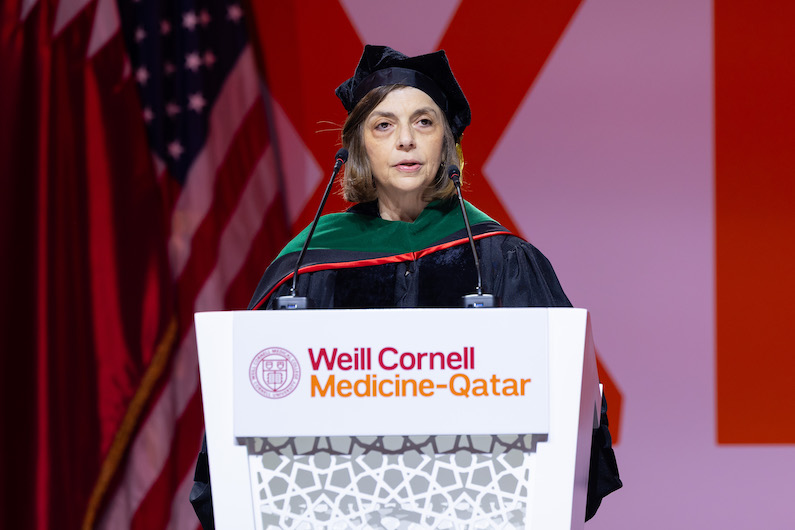 Dr. Thurayya Arayssi, Vice Dean for Academic and Curricular Affairs, addresses the new graduates.