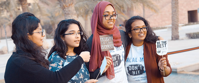 WCM-Q students Karen John, Heta Ladumor, Ameena Shafiq and Pratyaksha Sinha at the Stand Up, Speak Out event.