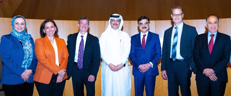 Left to right - Dr. Sohaila Cheema, Dr. Hanan Abdul Rahim, Dr. David Katz, Sheikh Dr. Mohamed Bin Hamad Al Thani, Dr. Javaid Sheikh, Dr. Wayne Dysinger, and Dr. Ravinder Mamtani