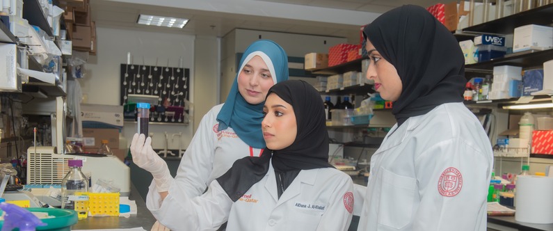  From left to right: Maryam Arabi, AlDana Al-Khalaf, and Dr. Aisha Madani, postdoctoral associate in microbiology & immunology at WCM-Q.