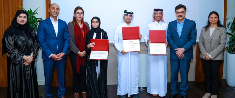 From left: Dr. Kholoud Salman Al-Hail, Dr. Rachid Bendriss, Ms. Noha Saleh, Fatima Mohammed Al-Abdulla, Khalid Abdulrahman Al-Nabti, Sultan Al-Malki, Dr. Javaid Sheikh, and Ms. Sarah Saldanha. 