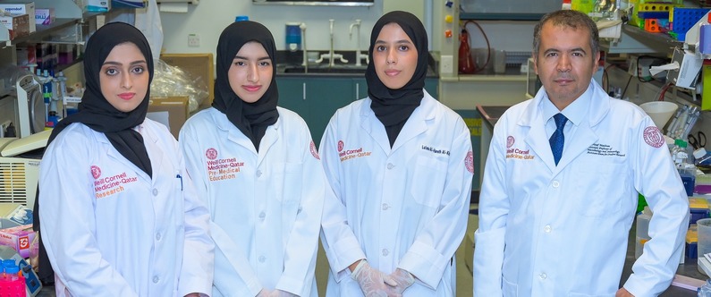 From left, Dr. Aisha Madani, student Aisha Al-Hammadi, student Lulwa Al-Khater, Dr. Nayef Mazloum