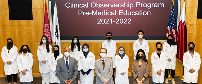 Front row, from left: Dr. Rachid Bendriss, Dr. Marco Ameduri and Haya Haj Ahmad guided WCM-Q students through the college’s Clinical Observership Experience. 