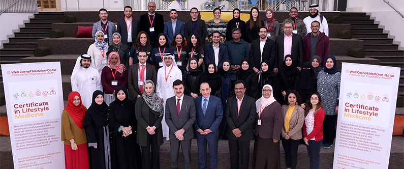 Dr. Javaid Sheikh, Dean of WCM-Q (front row, red tie) with attendees and course coordinators of the Certificate in Lifestyle Medicine course, developed and implemented by WCM-Q’s Institute for Population Health.