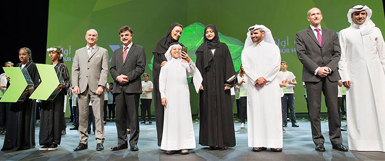 HH Sheikha Moza bint Nasser and Dr. Javaid Sheikh, Dean of WCM-Q, on stage with representatives of the campaign’s strategic partners.