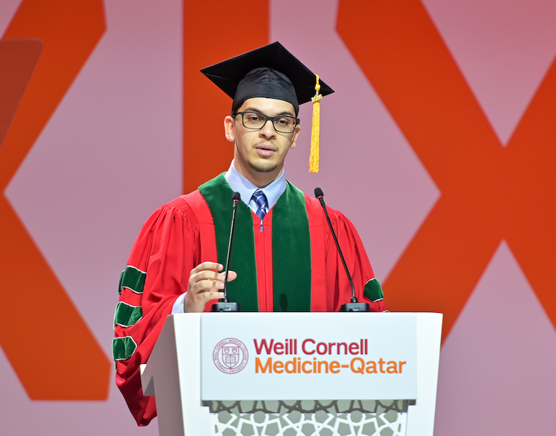 Newly qualified physician Dr. Kareem Aly delivered the student English address at the WCM-Q graduation ceremony.