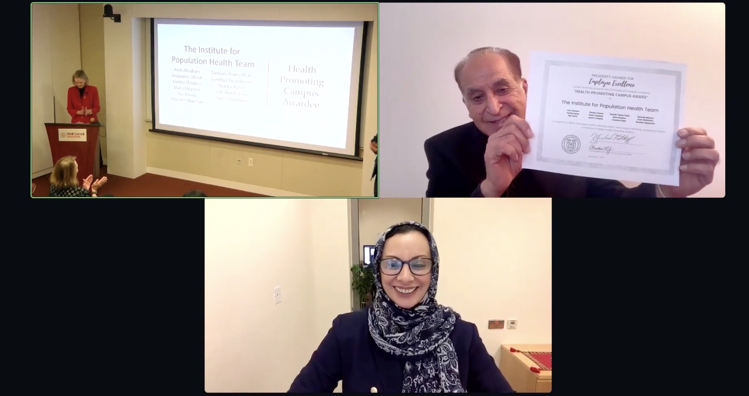 Dr. Ravinder Mamtani, Vice Dean for Population Health and Lifestyle Medicine and Dr. Sohaila Cheema, Assistant Dean for the Institute for Population Health, accepting the award on behalf of the IPH team at the ceremony