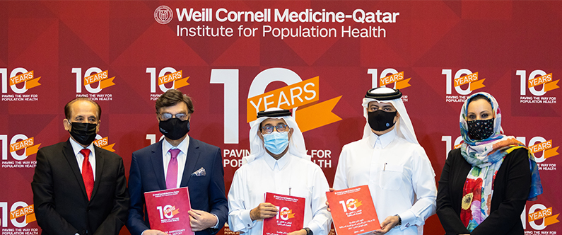 From left: Dr. Ravinder Mamtani, Dr. Javaid Sheikh, Dr. Abdullah Al-Hamaq, Sheikh Dr. Mohammed Bin Hamad Al-Thani, and Dr. Sohaila Cheema. 