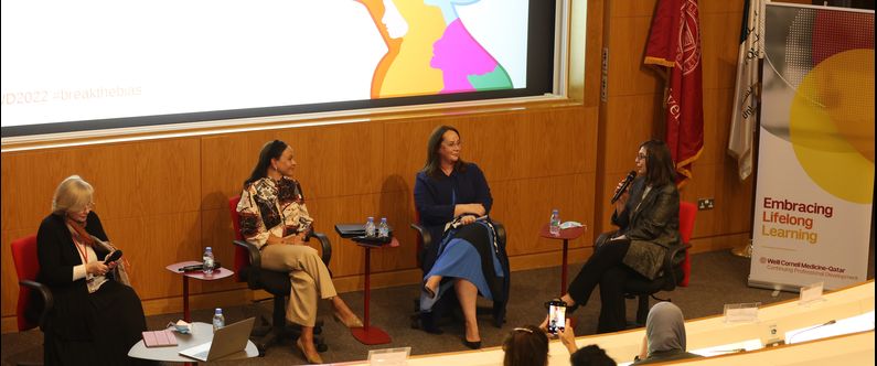 Speakers at the WCM-Q Breaking the Bias: Stories from Academia event, from left: Dr. Aicha Hind Rifai, Dr. Christine Schiwietz, Dr. Selma Limam Mansar and Dr. Thurayya Arayssi. 