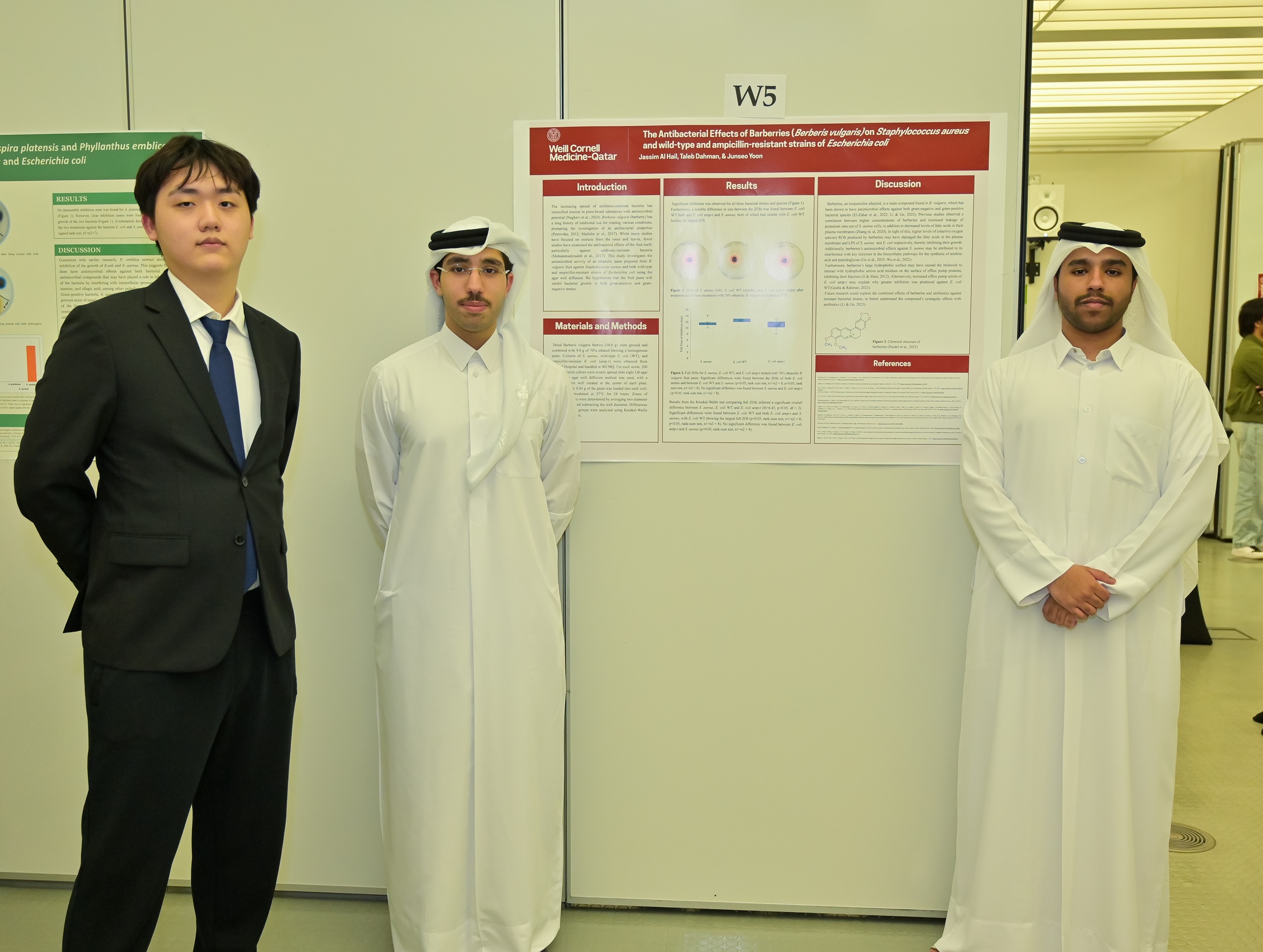 (From left) Students Junseo Yoon, Jassim Al Hail, and Taleb Dahman during the poster presentation event.