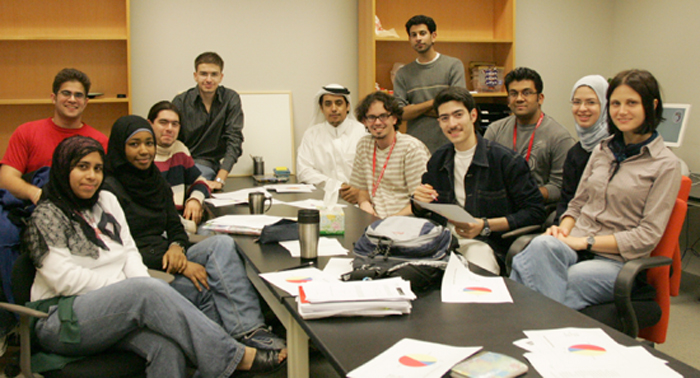 The Medical Student Executive Council-Qatar, 2004-2005. From left to right: Imran Farooq (seated behind,) Faizah Siddique, Aalia Al-Barwani, Subhi Al-Aref, Fouad Otaki, Khalid Al-Khelaifi, Dino Terzic, Beshoy Sidrak (standing,) Anas Abou-Ismail, Nigel Pereira, Tala Rifai, Amila Husic.