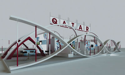 This scale model shows the double-helix design of the Qatar Pavilion stand for the Arab Health exhibition. 