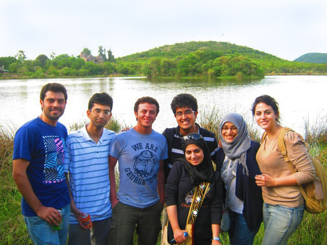WCMC-Q debate team members Mutie Ullah Ahmed, Emad Mansoor Alam, Zahra Naqvi, and Lina Abdul Karim with Georgetown School of Foreign Services-Qatar students at the Botswana Nature Reserve.