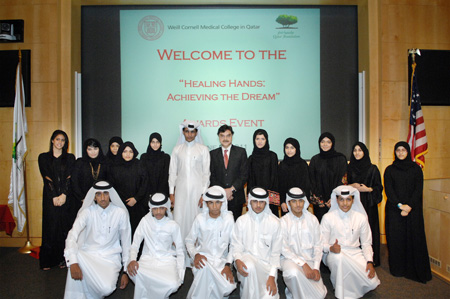 From left to right : Fahad Hamad Al Marri from Al Shahanya Independent School, Dr. Javaid Sheikh, dean of Weill Cornell Medical College in Qatar and Faten Faisal Aqeel, from Al Bayan Independent School were each awarded the top prize