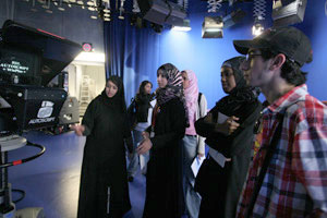 Students are shown some of the cutting-edge film and broadcast technology at Al Jazeera.