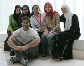 Biomedical research “is so interesting, it makes you want to be involved,” says Amira El Sherif, seen (second left) with her colleagues Noor Al Khori, Manisha Deb Roy, Heba Haddad, Zeinab Ammous and (foreground) Imran Farooq.