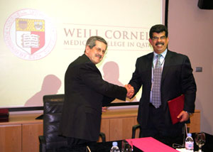 Dean of WCMC-Q, Dr. Daniel R. Alonso, thanks QNRF president, Dr. Abdul Sattar Al-Taie, for the funding of eight WCMC-Q undergraduate research projects